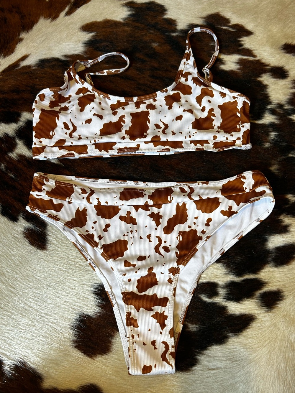 Brown and White Cow Print Ribbed Bikini Set